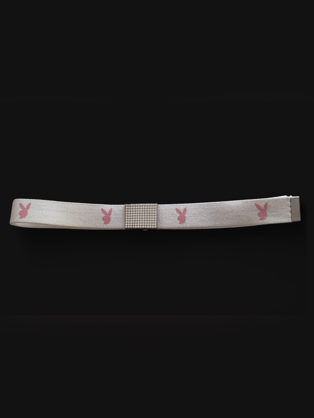 Y2K PLAYBOY White Belt with Pink Bunny Motif and Rhinestone Buckle.